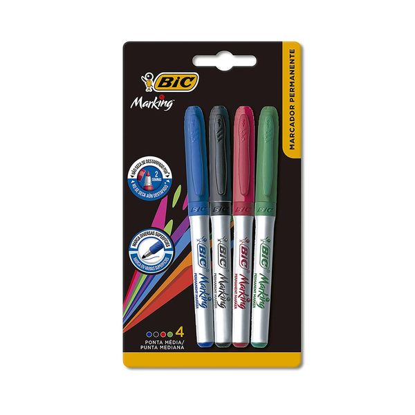 Marcador Permanente Bic Marking 4 Cores Vibrantes, Azul, Preto, Vermelho e Verde