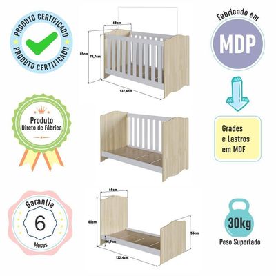 Berço Infantil Cama 3 em 1 com Colchão Regulagem de Altura Carvalho Araguaia