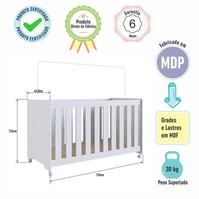 Berço Infantil Simples Com Rodas, Regulagem De Altura E Grade Mdf 133cm Branco