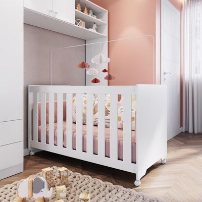 Berço Infantil Simples Com Rodas, Regulagem De Altura E Grade Mdf 133cm Branco