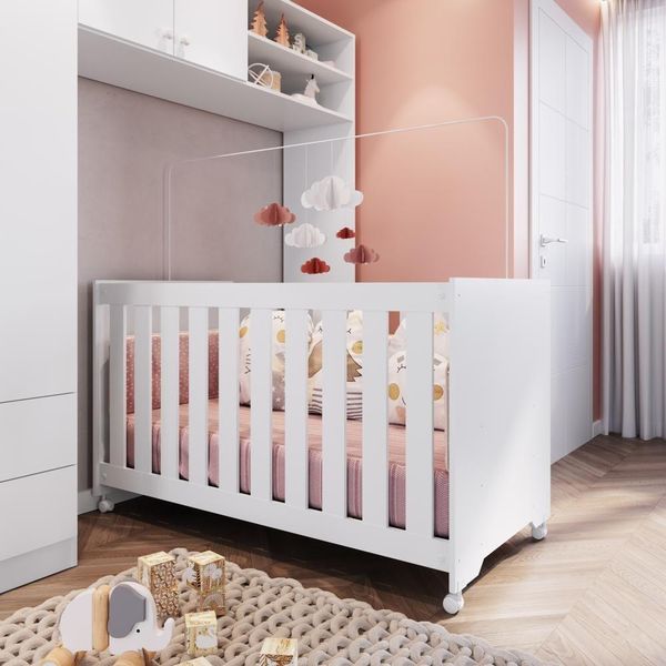 Berço Infantil Simples Com Rodas, Regulagem De Altura E Grade Mdf 133cm Branco