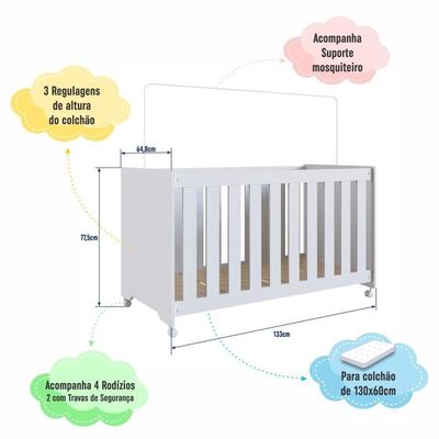 Berço Infantil Simples Com Rodas, Regulagem De Altura E Grade Mdf 133cm Branco
