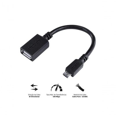 Adaptador Otg Micro Usb Para Usb 2.0 15cm Preto Conexão Com Celulares Smartphones Tablets - Pamup-15