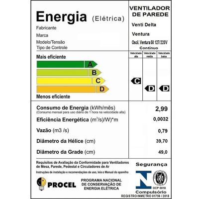 Ventilador De Parede Ventura 50cm Branco Bivolt - 79-5423 - Venti Delta