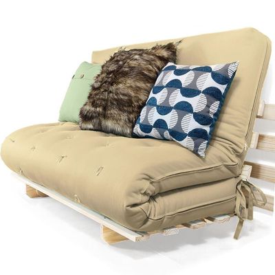 Sofa Cama Casal Futon Oriental Bege Sarja Impermeável Com Madeira Maciça