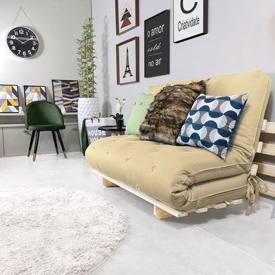Sofa Cama Casal Futon Oriental Bege Sarja Impermeável Com Madeira Maciça