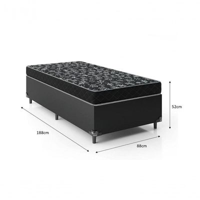 Cama Box Solteiro 88 Tecido Sintético Preto Com Colchão Espuma D20 - Tampo Preto 12cm