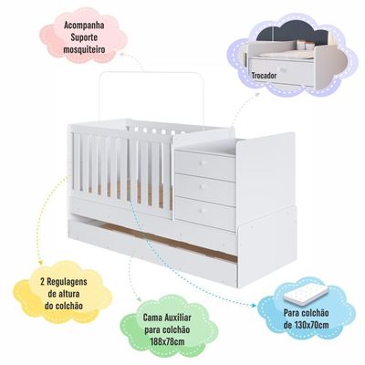 Berço Infantil Multifuncional 196cm Cômoda Trocador Cama Auxiliar Branco