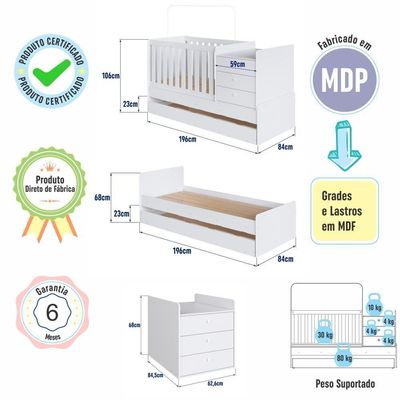 Berço Infantil Multifuncional 196cm Cômoda Trocador Cama Auxiliar Branco