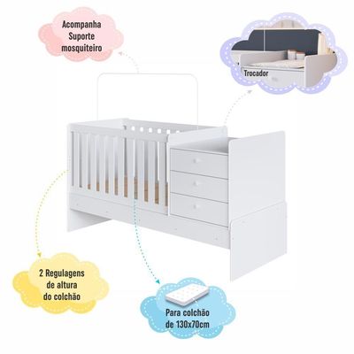Berço Infantil Multifuncional Menino Menina 196cm Com Cômoda, Trocador E Grade Em Mdf Branco