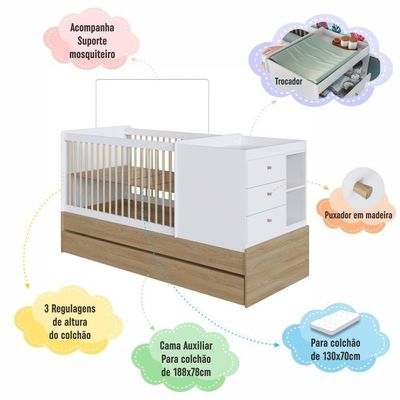 Berço Infantil Multifuncional 194cm Cômoda Trocador Auxiliar Aveiro com Branco