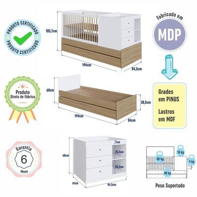 Berço Infantil Multifuncional 194cm Cômoda Trocador Auxiliar Aveiro com Branco