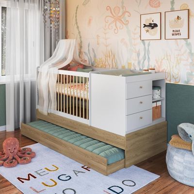 Berço Infantil Multifuncional 194cm Cômoda Trocador Auxiliar Aveiro com Branco