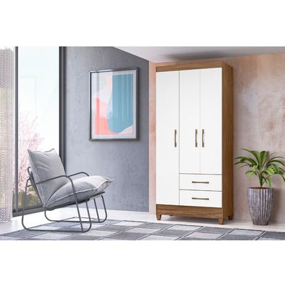 Guarda Roupa Roupeiro Lima 3 Portas 2 Gavetas e 4 Prateleiras Moval Naturale/Branco