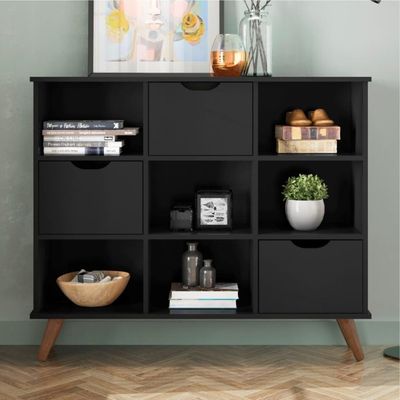 Conjunto Nicho Organizador Kenya 9 Espaços Retrô Preto + Kit 3 Gavetas Pretas