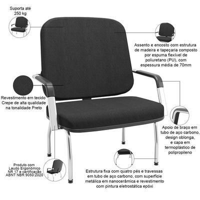 Cadeira De Escritório Recepção Com Braço Fixa Cromada Magno P03 Crepe Preto - Lyam Decor