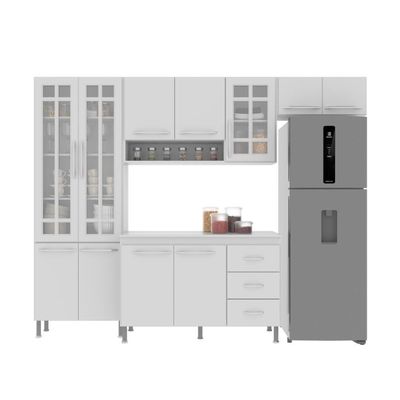 Cozinha Modulada Compacta Fidelitá Viena 4 Peças 260cm 11 Portas 3 Gavetas Com Tampo Branco