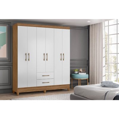 Guarda Roupa Roupeiro Panamá 6 Portas 2 Gavetas Produzido em Material Mdp Moval Naturale/Branco