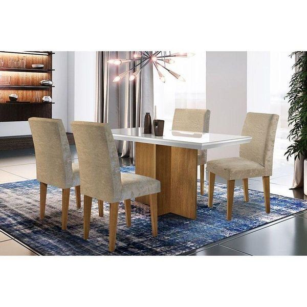 Sala de Jantar Completa Berlim C/ Tampo Vidro Canto Reto 120cm + 4 Cadeiras Imbuia Capuccino Chocolate