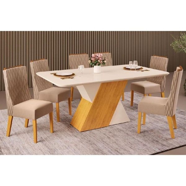 Sala De Jantar Completa Rubi Tampo Madeirado C- Vidro Curvo 170x90cm E 6 Cadeiras Jade Cedro-off White-off White - Suede Kraft - Dj Móveis