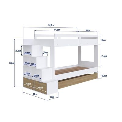 Cama Treliche Infantil Bicama Menino Menina 2,32m Com Escada, Nichos E Gavetas Branco Com Aveiro Oak