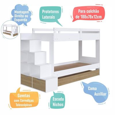 Cama Treliche Infantil Bicama Menino Menina 2,32m Com Escada, Nichos E Gavetas Branco Com Aveiro Oak