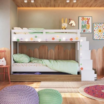 Cama Treliche Infantil Bicama Menino Menina 2,32m Com Escada, Nichos E Gavetas Branco Com Aveiro Oak