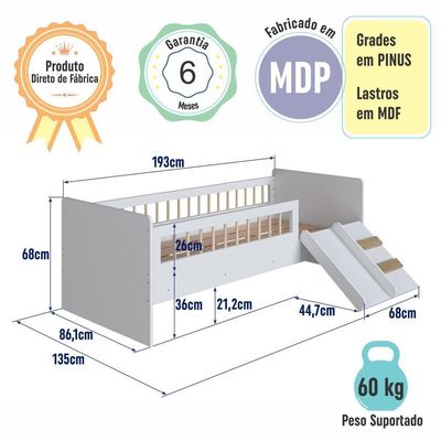 Cama Infantil Montessoriana Solteiro Escada Escorregador Proteção Branca