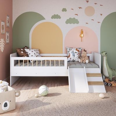 Cama Infantil Montessoriana Solteiro Escada Escorregador Proteção Branca