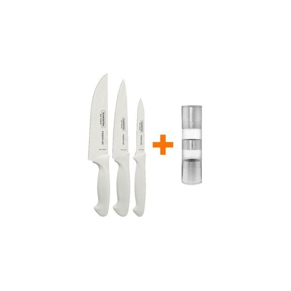 Kit - Faqueiro Premium 3 Peças + 1 Moedor De Sal Ou Pimenta Duplo Em Acrílico E Inox - Tramontina