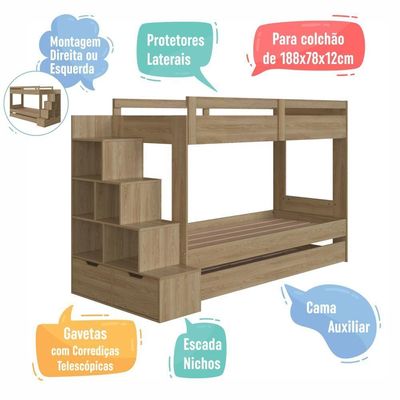 Cama Treliche Infantil Bicama Menino Menina 2,32m Com Escada, Nichos E Gavetas Aveiro Oak