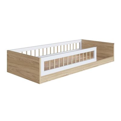Cama Infantil De Chão Montessoriana Menino E Menina Solteiro 194cm Com Grade Proteção Aveiro Oak