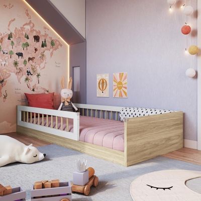 Cama Infantil De Chão Montessoriana Menino E Menina Solteiro 194cm Com Grade Proteção Aveiro Oak