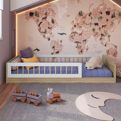 Cama Infantil De Chão Montessoriana Menino E Menina Solteiro 194cm Com Grade Proteção Aveiro Oak