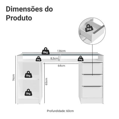 Escrivaninha Penteadeira 136cm 1 Porta 3 Gavetas Tampo De Vidro Madesa Branco