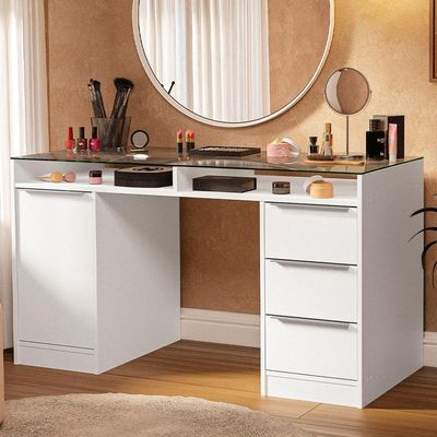 Escrivaninha Penteadeira 136cm 1 Porta 3 Gavetas Tampo De Vidro Madesa Branco