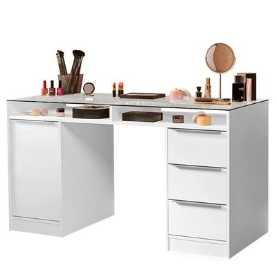 Escrivaninha Penteadeira 136cm 1 Porta 3 Gavetas Tampo De Vidro Madesa Branco