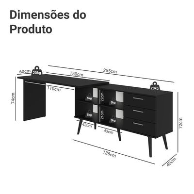 Escrivaninha Mesa De Escritório De Canto 3 Gavetas Preto Lisboa Madesa