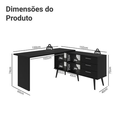 Escrivaninha Mesa De Escritório De Canto 3 Gavetas Preto Lisboa Madesa