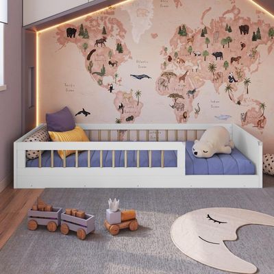 Cama Infantil De Chão Montessoriana Menino E Menina Solteiro 194cm Com Grade Proteção Branco