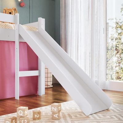 Cama Infantil Elevada Menino Menina Solteiro 202cm Com Degrau E Escorregador Branca Com Cortina Rosa