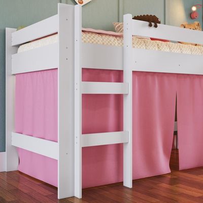 Cama Infantil Elevada Menino Menina Solteiro 202cm Com Degrau E Escorregador Branca Com Cortina Rosa