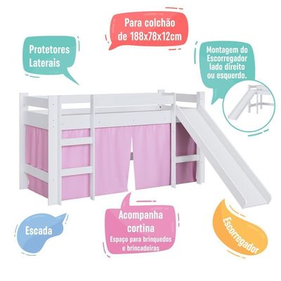 Cama Infantil Elevada Menino Menina Solteiro 202cm Com Degrau E Escorregador Branca Com Cortina Rosa