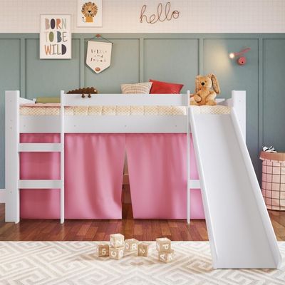 Cama Infantil Elevada Menino Menina Solteiro 202cm Com Degrau E Escorregador Branca Com Cortina Rosa