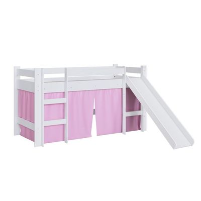Cama Infantil Elevada Menino Menina Solteiro 202cm Com Degrau E Escorregador Branca Com Cortina Rosa