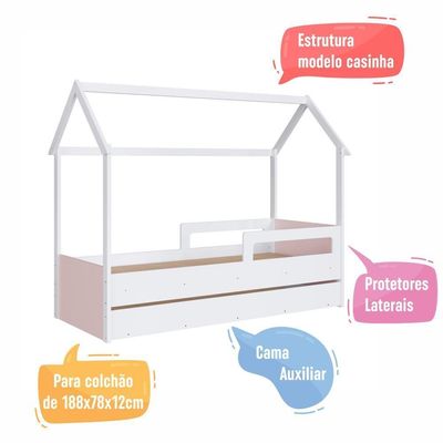 Cama Infantil Bicama Montessoriana Casinha Solteiro Auxiliar Branco com Rosa