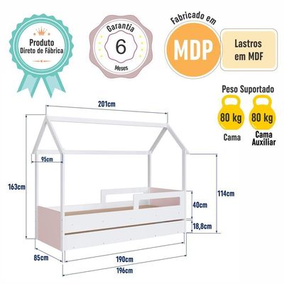 Cama Infantil Bicama Montessoriana Casinha Solteiro Auxiliar Branco com Rosa