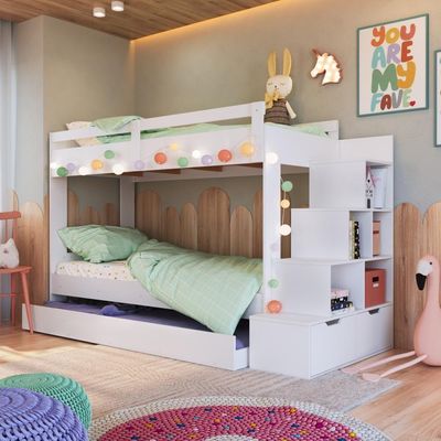 Cama Treliche Infantil Bicama Menino Menina 2,32m Com Escada, Nichos E Gavetas Branca