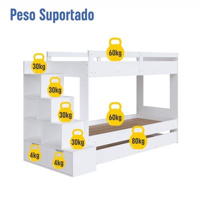 Cama Treliche Infantil Bicama Menino Menina 2,32m Com Escada, Nichos E Gavetas Branco