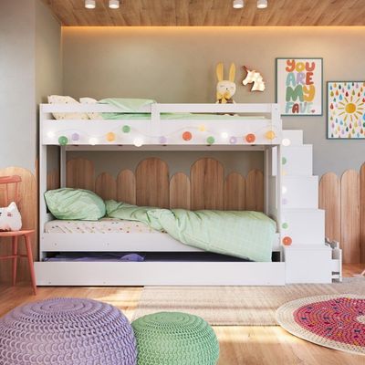 Cama Treliche Infantil Bicama Menino Menina 2,32m Com Escada, Nichos E Gavetas Branco
